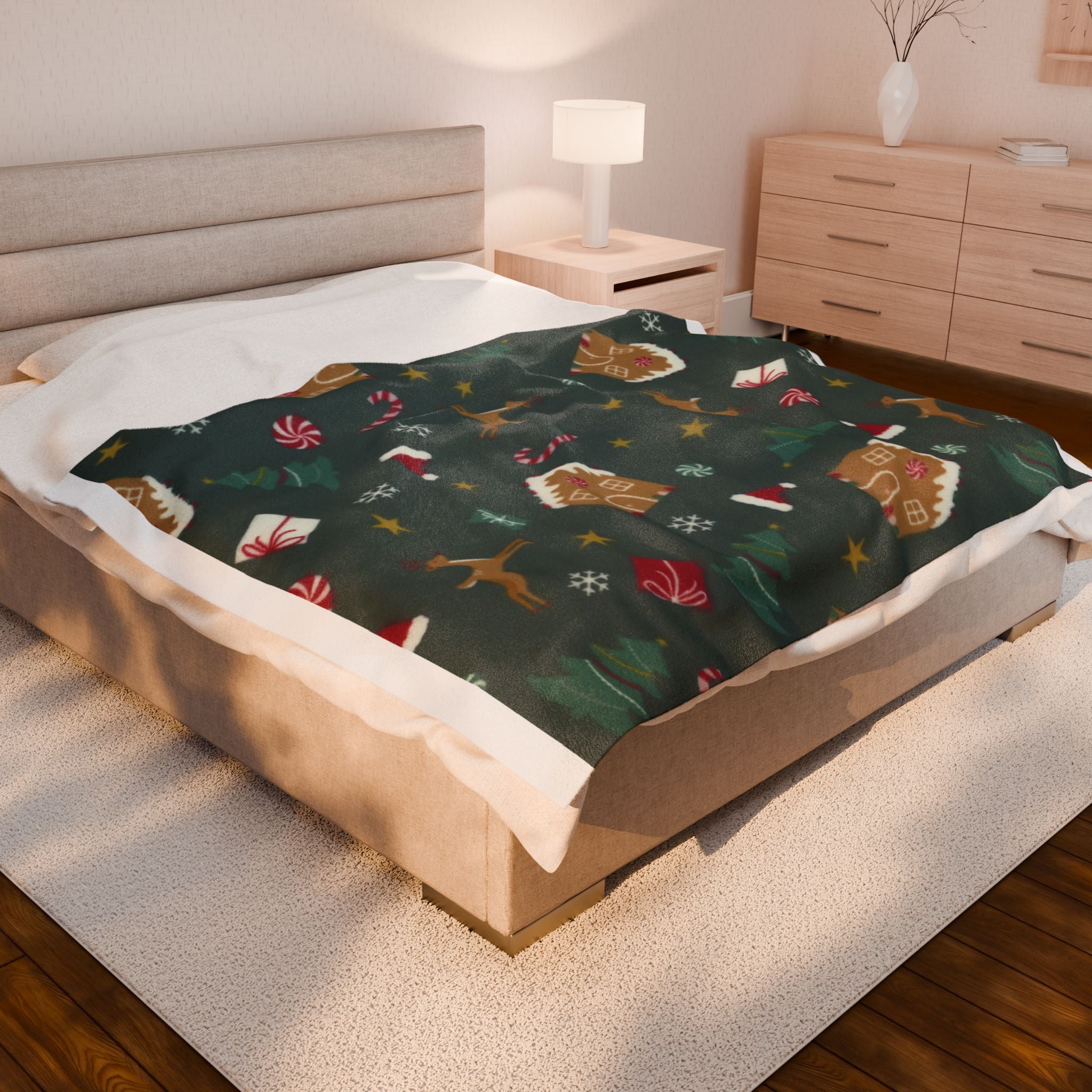 Cozy Holiday Velveteen Plush Blanket - Festive Reindeer & Gingerbread Design, Perfect for Christmas Decor, Gift, and Snuggling